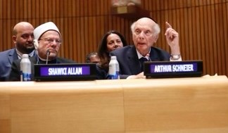 June 2023 – NEW YORK, NY: Rabbi Arthur Schneier, a keynote speaker at the Intercultural and Interreligious Dialogue: Building Bridges Between East and West seated next to Grand Mufti of Egypt, Shawki Ibrahim Abdel-Karim Allam at the United Nations.